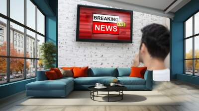 Back view on excited man sitting on the couch and watching breaking news on tv at home Wall mural