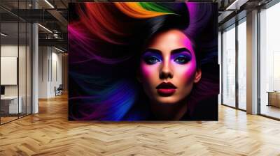 Beauty digital art portrait of color haired young woman with makeup and long hair in neon colors. Closeup portrait banner on black background. Generative AI Wall mural