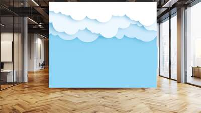 Border of white paper cut clouds on blue background for design. Paper cut, paper craft art style,vector illustration Wall mural