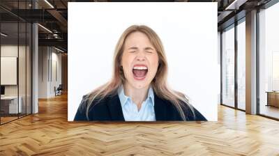 Close up portrait of hysterical business woman screaming isolated on white background	 Wall mural