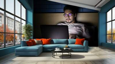 Concentrated man working on laptop in bed at night	 Wall mural