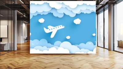 illustration of an plane over a cloud and sun and long shadow. Template. design paper art and handicraft. Vector illustration Wall mural