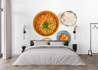 Korean noodles with kimchi on a white background Wall mural