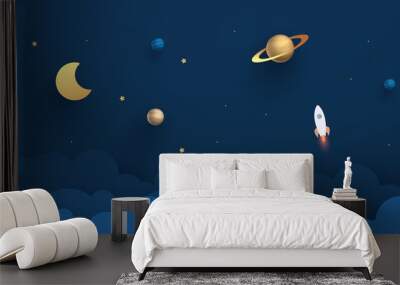 Night sky with planets. Paper art style of rocket flying in space, start up concept, flat-style. Paper cut design. vector illustration. Wall mural