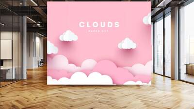 Pink Modern Vector paper clouds and balloons. illustration. Cute cartoon fluffy clouds. Pastel colors. Origami style Wall mural