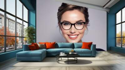 Portrait beautiful blonde model woman in glasses with white teeth smile, healthy hair and beauty skin on gray background. Concept of vision correction, dentist and facial care. Generative AI Wall mural