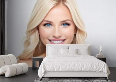 Portrait beautiful blonde model woman with white teeth smile, healthy long hair and beauty skin on light background. Concept of advertising dentist and facial care. Generative AI Wall mural