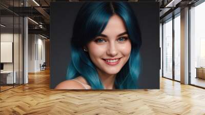 Portrait beautiful blue hair and eyes model woman with white teeth smile, healthy long hair and beauty skin on dark background. Concept of advertising dentist and facial care. Generative AI Wall mural