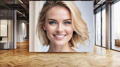 Portrait pretty blond model smiling woman with blue eyes, white teeth, healthy long hair and beauty skin. Concept of studio shot of advertising a dentist and facial care. Generative AI Wall mural