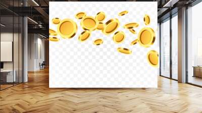 Realistic gold coins png. Explosion of gold coins png. Gold coins fall from the sky. Victory, easy money. Wall mural