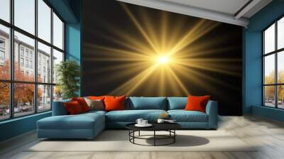 Set of Golden glowing lights effects isolated on transparent background. Flash of the sun with rays and searchlight. The glow effect. The star burst into brilliance. Wall mural