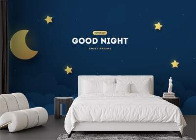 Sweet dream and Good night concept illustration, Baby shower greeting card, with moon and stars. Invitation Template, vector paper art Wall mural