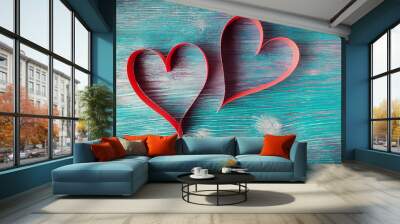 Two red paper hearts on Valentines day over vintage wooden backg Wall mural