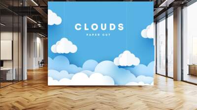 Vector paper clouds.White Cloud on blue sky paper cut design. Vector paper art illustration. Paper cut style. Place for text. Wall mural