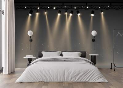 Vector stage with set of yellow spotlights. grey stage lights. realistic epty scene. illustartion Wall mural