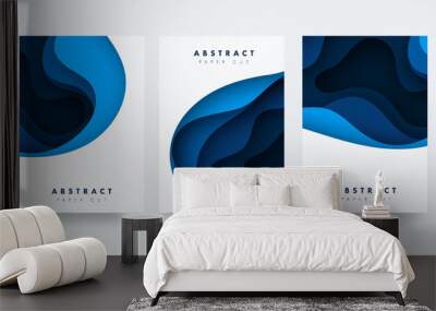 Vertical A4 banners with 3D abstract background with blue paper cut waves. Contrast colors. Vector design layout for presentations, flyers, posters Wall mural