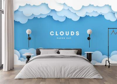 White Cloud on blue sky paper cut design. Vector paper art illustration. Paper cut style. Place for text. Wall mural