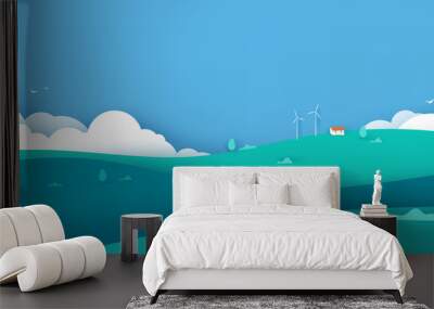 wide green nature landscape concept with clouds , hills, house on blue background. scenery banner ba Wall mural