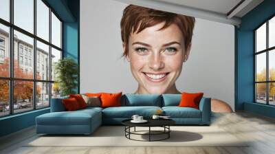 Young beautiful freckles woman with short hair, healthy skin and teeth on a plain background. Close up portrait. Generative AI Wall mural