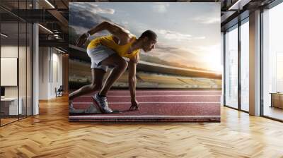 Sport. Sprinter leaving starting blocks on the running track.
 Wall mural