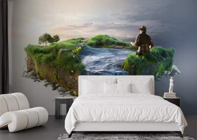 Travel and fishing background. 3d illustration with cut of the ground and the grass landscape with the cut of the pond.  Wall mural