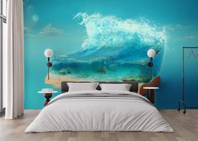 Travel and vacation background. 3d illustration with cut of the ground and the beautiful sea underwater. Baby sea isolated on blue. Wall mural