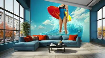 Travel and vacation background. 3d illustration with cut of the ground and the beautiful sea underwater. Female surfer standing in the baby-sea isolated on blue. Wall mural