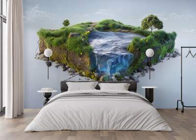 Travel and vacation background. 3d illustration with cut of the ground and the grass landscape with the cut of the pond. Baby nature isolated on white. Wall mural