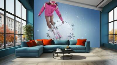 Winter Sport concept. Winter background. Young woman riding on skis on white winter planet. 3d illustration in realistic style. Winter travel. Wall mural