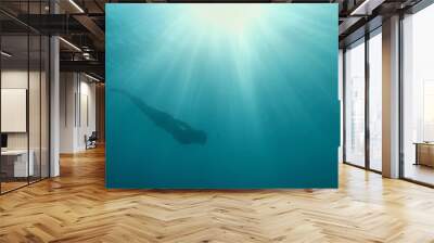 Beautiful underwater image freediver woman silhouette swimming from surface with sun rays to depth of blue sea. Unfocused image Wall mural