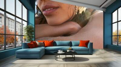 Close up woman face with sunlight, perfekt skin, natural beauty, beautiful lips Wall mural