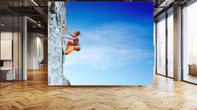 young slim woman rock climber climbing on the cliff Wall mural