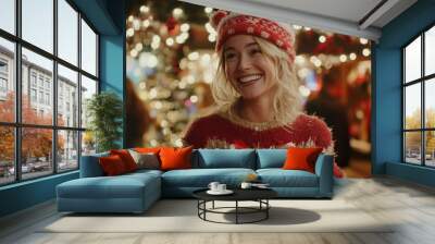 woman in santa hat with christmas presents Wall mural