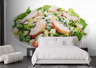 Caesar salad with chicken fillet and parmesan cheese isolated on white background. Wall mural