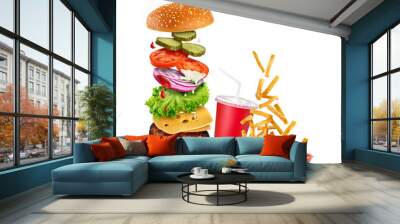 Flying ingredients of hamburger, fried potatoes, ketchup and pap Wall mural