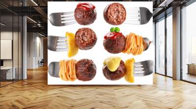 Forks with fried vegan meatballs, noodles, baked potatoes, ketchup, mustard and basil. Collection with clipping path. Wall mural