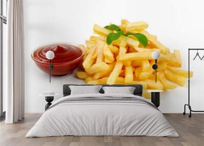 Fried Potato with tomato on white background Wall mural