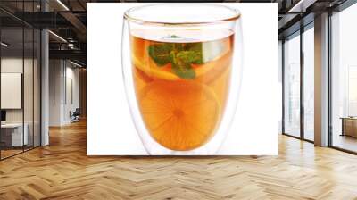 Hot tea with mint and lemon in a glass with double walls isolated on white background. Wall mural