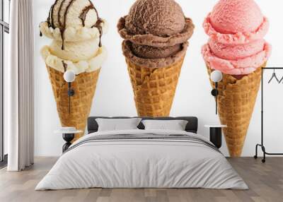 ice cream scoops in cones with chocolate, vanilla and strawberry isolated on white background. Wall mural