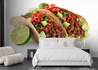 Mexican tacos with beef, tomatoes, avocado, chilli and onions isolated on white background. Wall mural