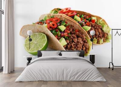 Mexican tacos with beef, tomatoes, avocado, chilli and onions isolated on white background. Wall mural