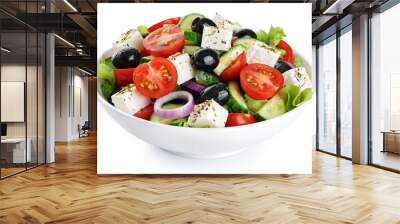 Salad with cheese and fresh vegetables isolated on white background. Greek salad. Wall mural