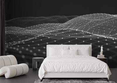 3D rendering of abstract digital waves and bright square particles in space. Futuristic background made of dots, particles and mesh. Large amount of data Wall mural