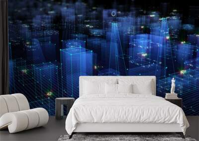 3D Rendering technological digital background consisting of a futuristic city with data Wall mural