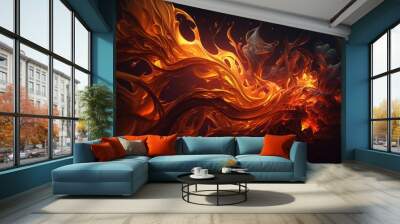 Abstract fiery texture background. Glowing fire flames illustration on black dark backdrop. Generative AI. Wall mural