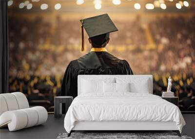 Back view image of graduate student in graduation cap and gown watching the audience. Wall mural