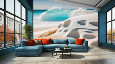 Close up white beach sand with blurred sea waves and sky background. Generative AI illustration. Wall mural