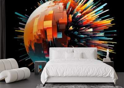 Colorful sphere with moving lines on a black backdrop. Abstract background. Wall mural