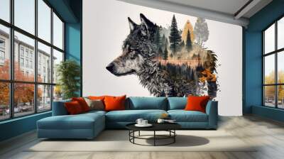 Double exposure head wolf and a forest. Generative AI illustration. Wall mural