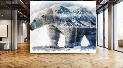 Double exposure of a polar bear in the Arctic and a frozen snow-covered mountain landscape. Generative AI illustration. Wall mural